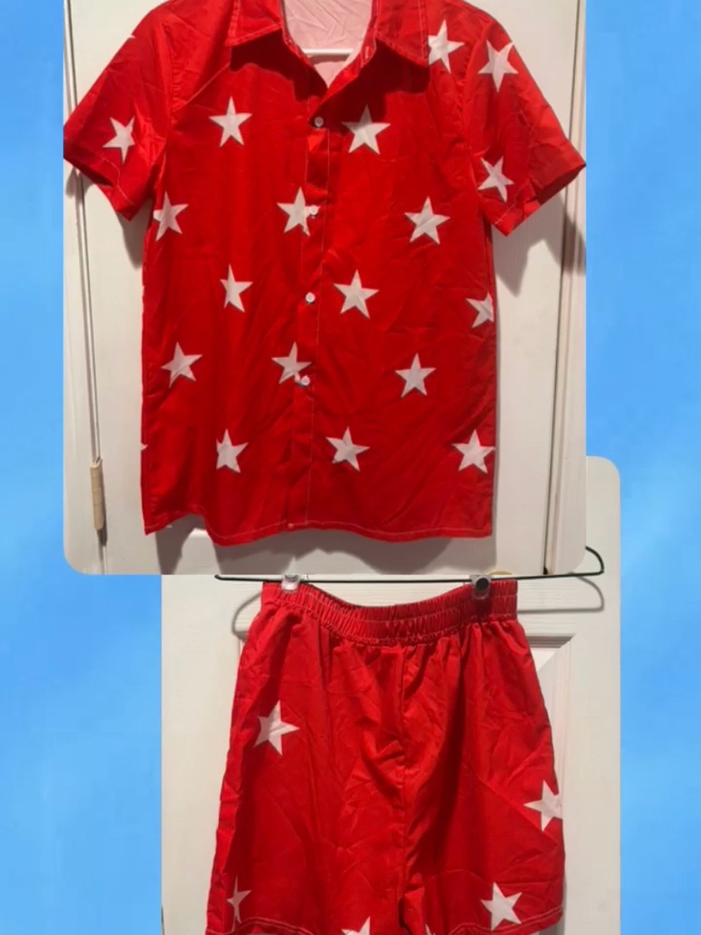 Red Star-Print Short Sleeve Pajama Set for Women